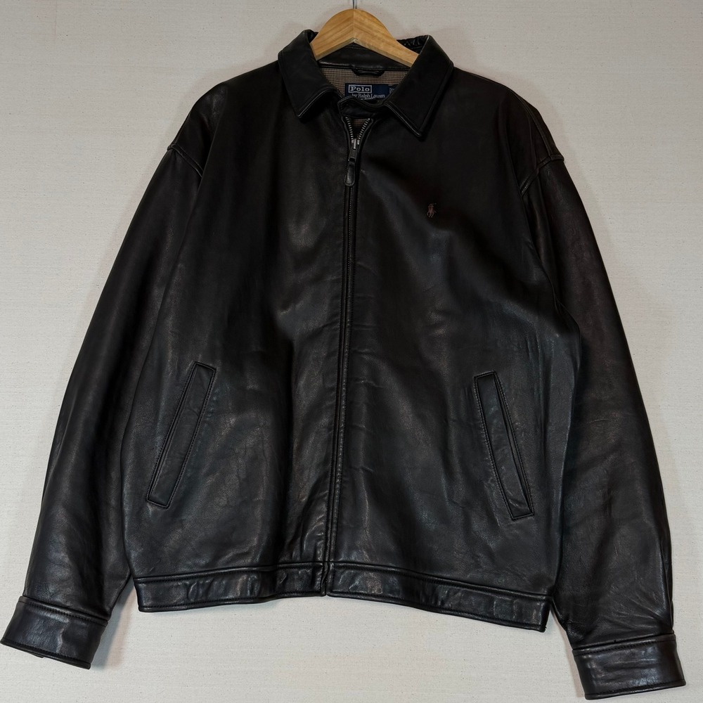 Polo Ralph Lauren Mens XL Leather Bomber Jacket Houndstooth Lined Zip